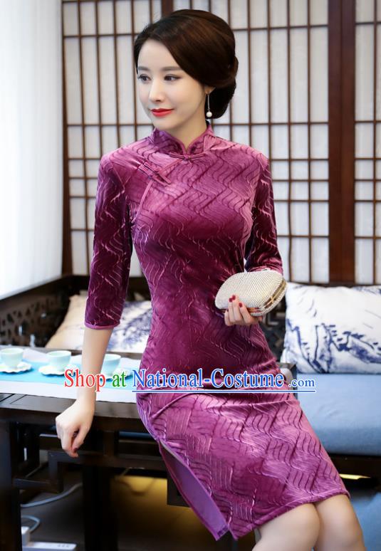 Top Grade Chinese Purple Velvet Qipao Dress National Costume Traditional Mandarin Cheongsam for Women