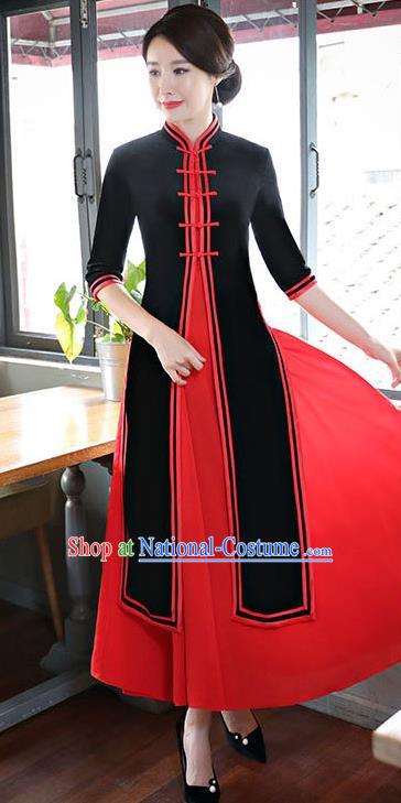 Top Grade Chinese Black Two-pieces Qipao Dress National Costume Traditional Mandarin Cheongsam for Women