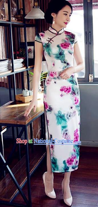 Top Grade Chinese Printing Flowers White Silk Qipao Dress National Costume Traditional Mandarin Cheongsam for Women