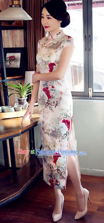 Top Grade Chinese Printing Peony White Silk Qipao Dress National Costume Traditional Mandarin Cheongsam for Women