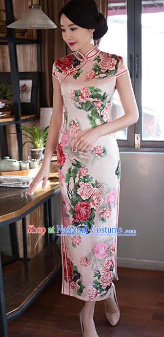 Top Grade Chinese Printing Rose Silk Qipao Dress National Costume Traditional Mandarin Cheongsam for Women