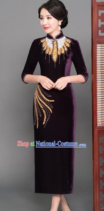 Top Grade Chinese Purple Velvet Beading Qipao Dress National Costume Traditional Mandarin Cheongsam for Women