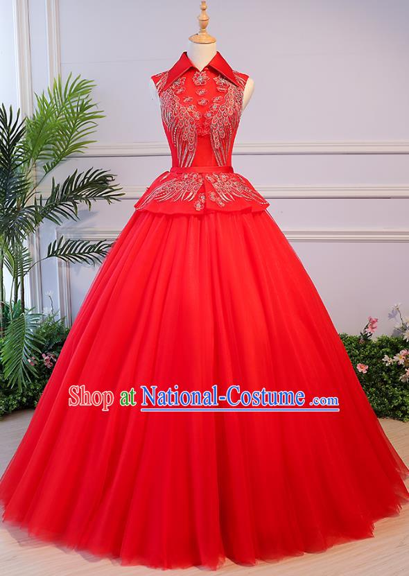 Top Grade Wedding Costume Compere Evening Dress Red Veil Bubble Dress Bridal Full Dress for Women