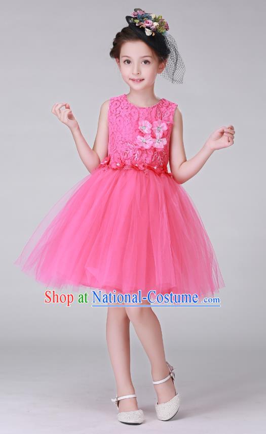 Top Grade Stage Performance Costumes Children Modern Dance Rosy Bubble Dress Modern Fancywork Clothing for Kids