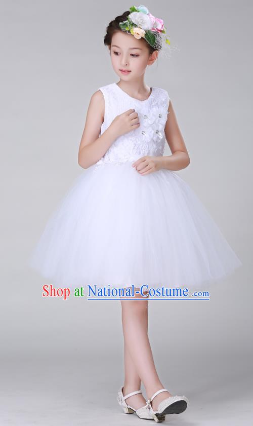 Top Grade Stage Performance Costumes Children Modern Dance White Bubble Dress Modern Fancywork Clothing for Kids