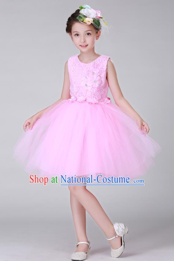 Top Grade Stage Performance Costumes Children Modern Dance Pink Bubble Dress Modern Fancywork Clothing for Kids