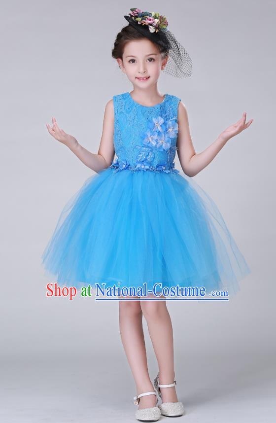 Top Grade Stage Performance Costumes Children Modern Dance Blue Bubble Dress Modern Fancywork Clothing for Kids