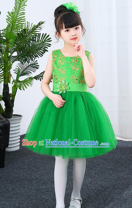 Top Grade Chorus Stage Performance Costumes Children Modern Dance Green Bubble Dress Modern Fancywork Clothing for Kids