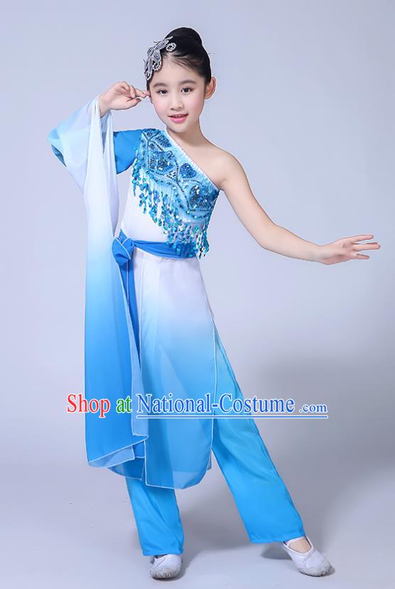 Chinese Ancient Costume Children Classical Dance Blue Dress Stage Performance Clothing for Kids