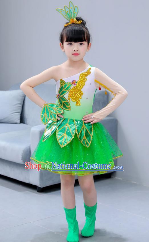 Top Grade Chorus Stage Performance Costumes Children Modern Lotus Dance Green Dress Modern Fancywork Clothing for Kids