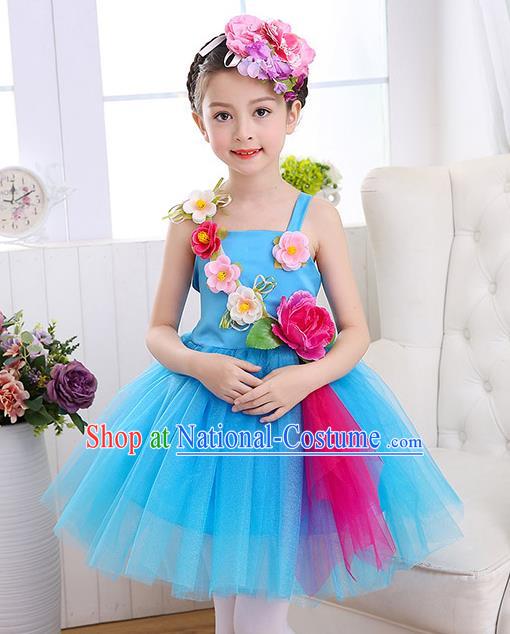 Top Grade Chorus Costumes Children Stage Performance Modern Dance Blue Bubble Dress for Kids