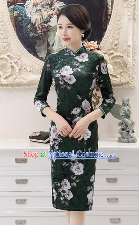 Top Grade Chinese Printing Flowers Atrovirens Qipao Dress National Costume Traditional Mandarin Cheongsam for Women