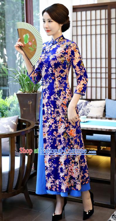 Top Grade Chinese Printing Flowers Royalblue Velvet Qipao Dress National Costume Traditional Mandarin Cheongsam for Women