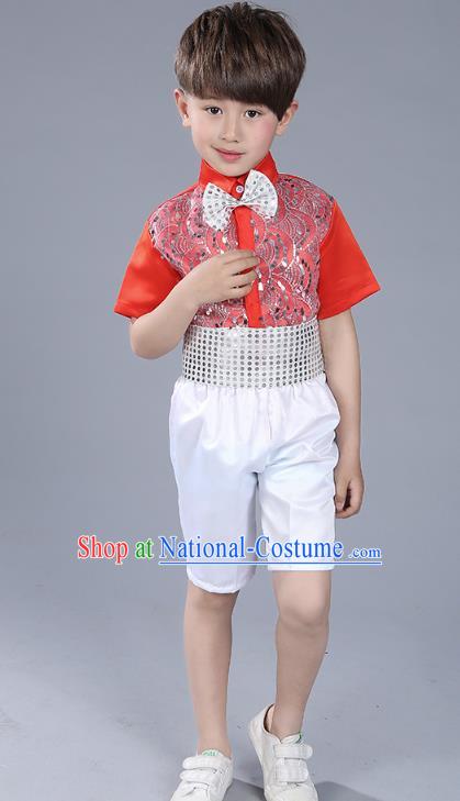 Top Grade Boys Chorus Sequins Costumes Children Compere Modern Dance Red Clothing for Kids