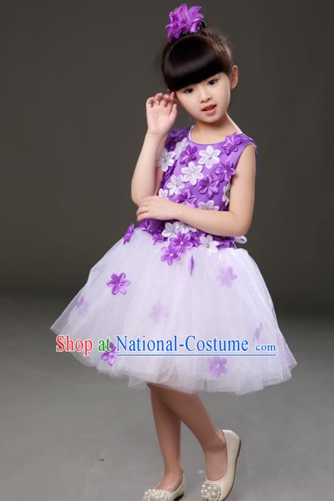 Top Grade Chorus Costumes Children Modern Dance Purple Flowers Bubble Dress for Kids