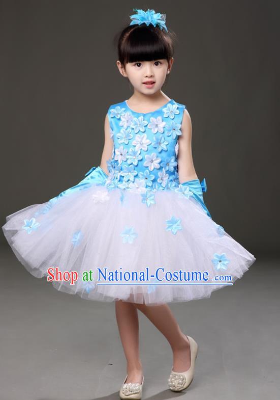 Top Grade Chorus Costumes Children Modern Dance Blue Flowers Bubble Dress for Kids