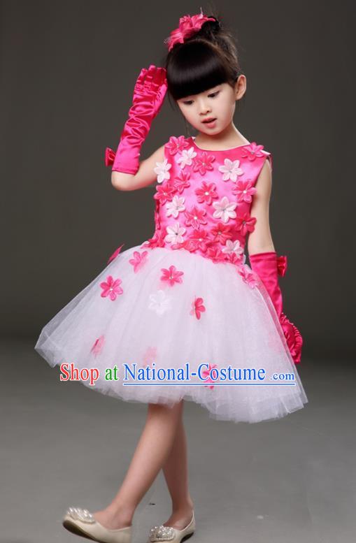 Top Grade Chorus Costumes Children Modern Dance Rosy Flowers Bubble Dress for Kids