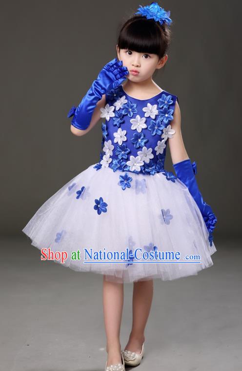 Top Grade Chorus Costumes Children Modern Dance Royalblue Flowers Bubble Dress for Kids