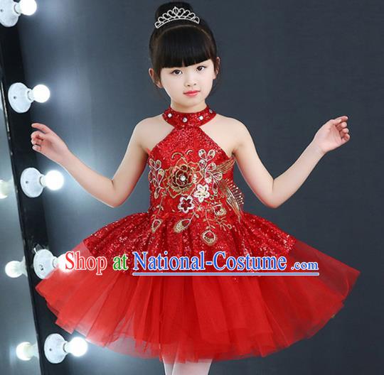 Top Grade Chorus Costumes Children Modern Dance Red Sequin Bubble Dress for Kids