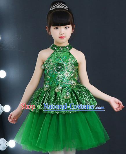 Top Grade Chorus Costumes Children Modern Dance Green Sequin Bubble Dress for Kids