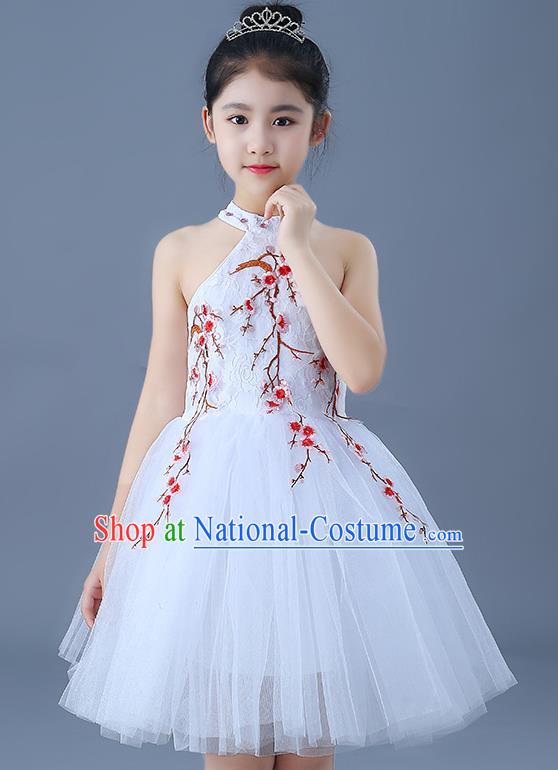 Top Grade Chorus Costumes Children Modern Dance Embroidered Red Plum Blossom Bubble Dress for Kids