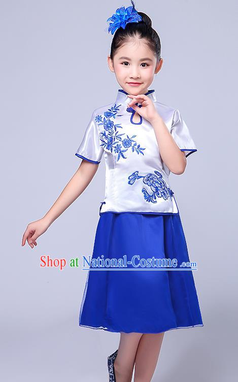 Chinese Ancient Chorus Costume Children Classical Dance Printing Flowers Blue Dress Stage Performance Clothing for Kids