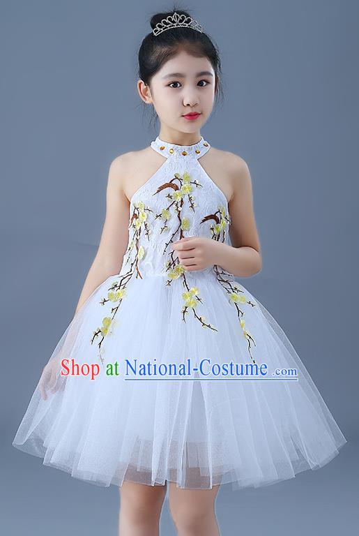 Top Grade Chorus Costumes Children Modern Dance Embroidered Yellow Plum Blossom Bubble Dress for Kids