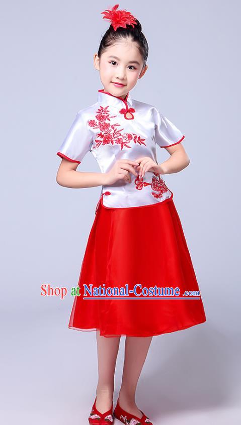 Chinese Ancient Chorus Costume Children Classical Dance Printing Red Dress Stage Performance Clothing for Kids