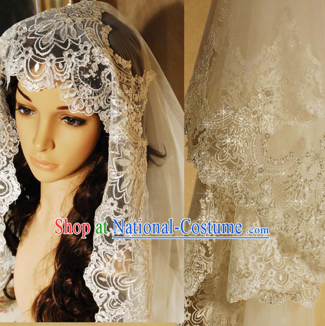 Super Long 3 Meters Long Chinese Classical Wedding Veil with Silver Embroidery