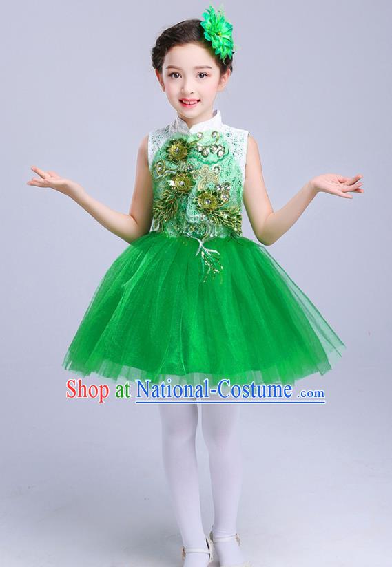 Top Grade Chorus Costumes Children Modern Dance Embroidered Paillette Green Bubble Dress for Kids