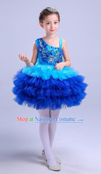 Top Grade Chorus Costumes Children Modern Dance Clothing Blue Bubble Dress for Kids