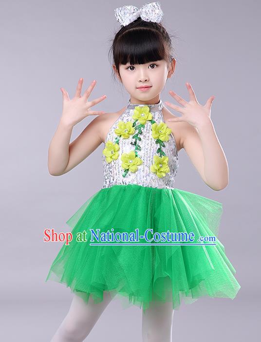 Top Grade Chorus Stage Performance Costumes Children Modern Dance Clothing Green Veil Bubble Dress for Kids