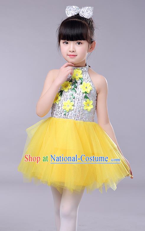 Top Grade Chorus Stage Performance Costumes Children Modern Dance Clothing Yellow Veil Bubble Dress for Kids