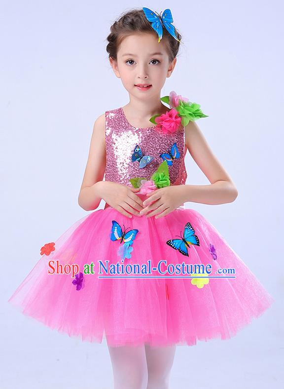 Top Grade Chorus Stage Performance Costumes Children Modern Dance Butterfly Clothing Pink Veil Bubble Dress for Kids