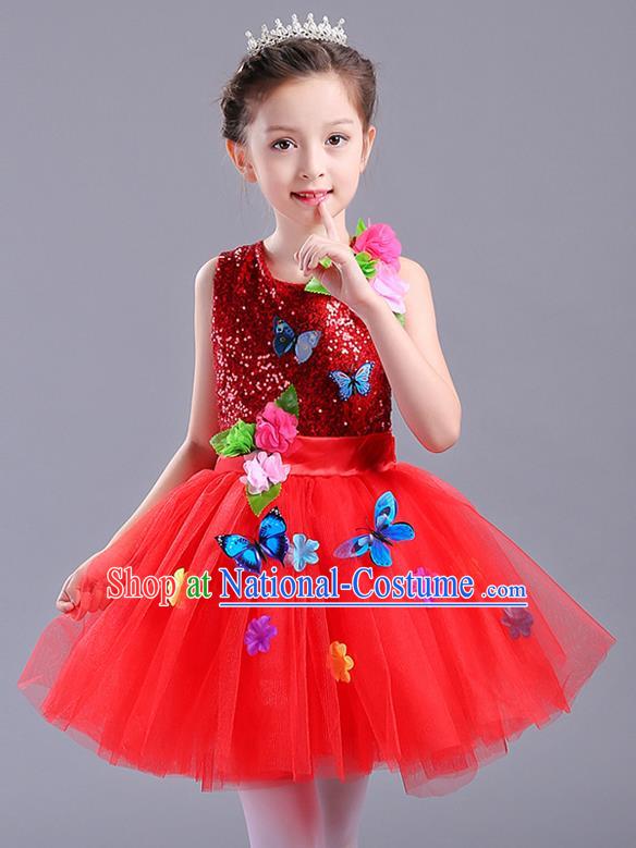 Top Grade Chorus Stage Performance Costumes Children Modern Dance Butterfly Clothing Red Veil Bubble Dress for Kids