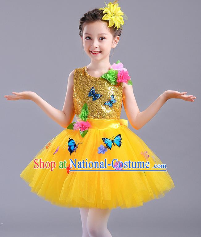 Top Grade Chorus Stage Performance Costumes Children Modern Dance Butterfly Clothing Yellow Veil Bubble Dress for Kids