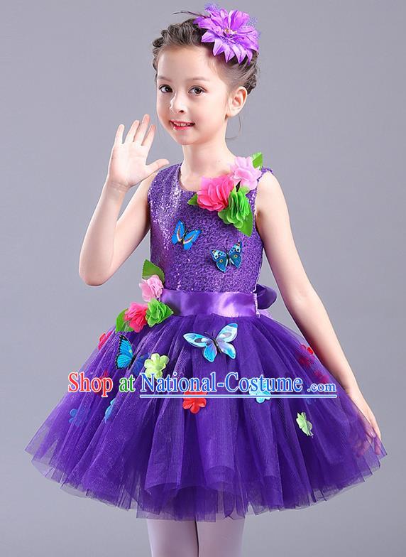 Top Grade Chorus Stage Performance Costumes Children Modern Dance Butterfly Clothing Purple Veil Bubble Dress for Kids