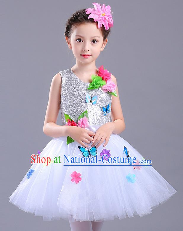 Top Grade Chorus Stage Performance Costumes Children Modern Dance Butterfly Clothing White Veil Bubble Dress for Kids