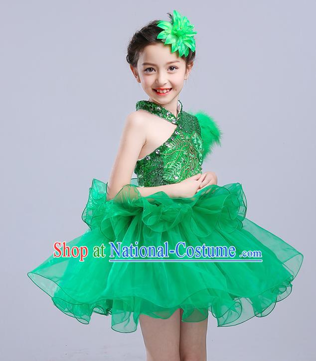 Top Grade Chorus Stage Performance Costumes Green Veil Bubble Dress Children Modern Dance Clothing for Kids