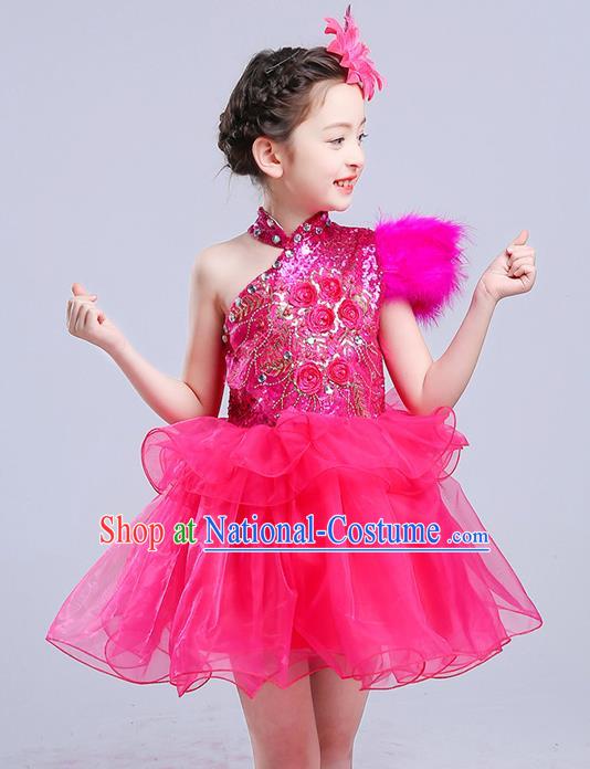 Top Grade Chorus Stage Performance Costumes Rosy Veil Bubble Dress Children Modern Dance Clothing for Kids