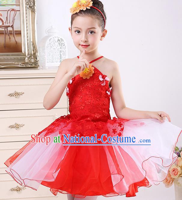 Top Grade Chorus Stage Performance Costumes Girls Red Veil Bubble Dress Children Modern Dance Clothing for Kids