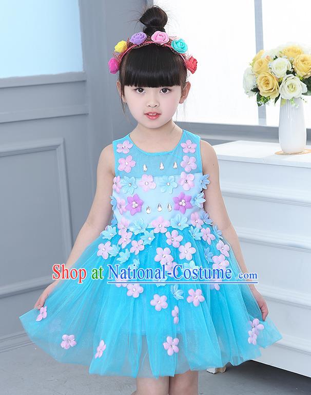 Top Grade Chorus Stage Performance Costumes Flower Fairy Blue Veil Bubble Dress Children Modern Dance Clothing for Kids