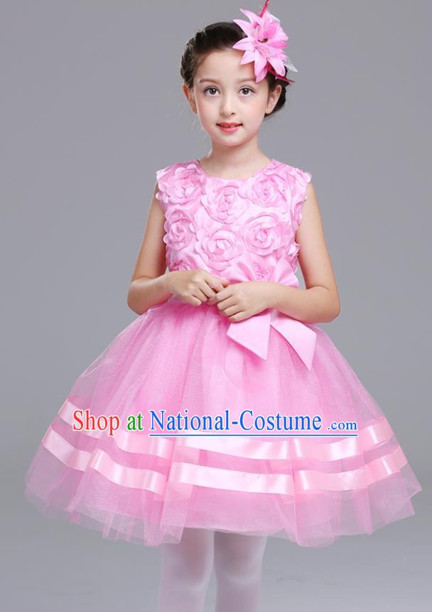 Top Grade Chorus Stage Performance Costumes Flower Fairy Pink Rose Bubble Dress Children Modern Dance Clothing for Kids