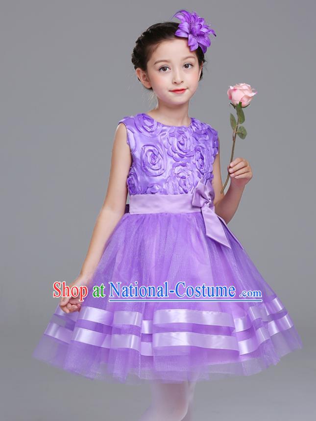 Top Grade Chorus Stage Performance Costumes Flower Fairy Purple Rose Bubble Dress Children Modern Dance Clothing for Kids