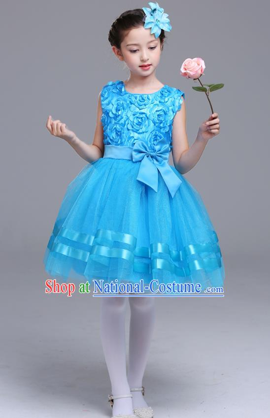 Top Grade Chorus Stage Performance Costumes Flower Fairy Blue Rose Bubble Dress Children Modern Dance Clothing for Kids