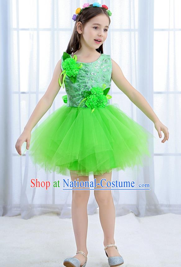 Top Grade Chorus Stage Performance Costumes Green Flower Bubble Dress Children Modern Dance Clothing for Kids