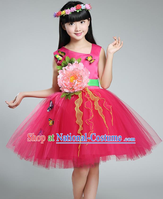 Top Grade Chorus Stage Performance Costumes Peony Flower Rosy Bubble Dress Children Modern Dance Clothing for Kids