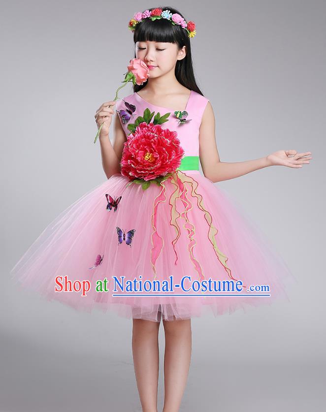 Top Grade Chorus Stage Performance Costumes Peony Flower Pink Bubble Dress Children Modern Dance Clothing for Kids