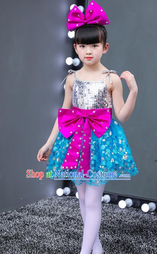 Top Grade Chorus Jaze Dance Stage Performance Costumes Blue Bubble Dress Children Modern Dance Clothing for Kids