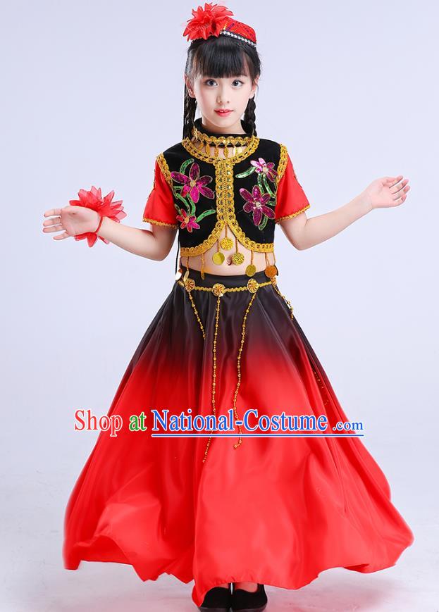 Chinese Traditional Folk Dance Costumes Uyghur Nationality Dance Red Dress Children Classical Dance Clothing for Kids